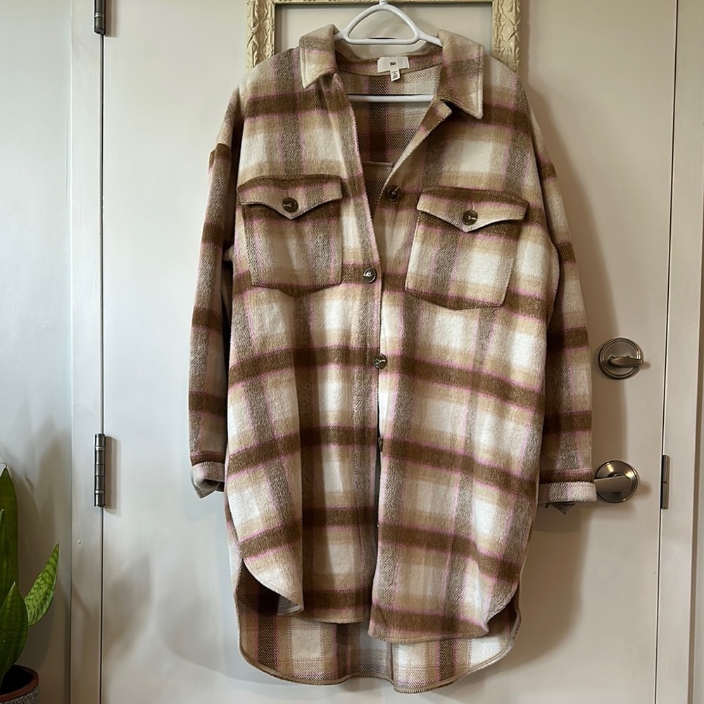BP | Nordstrom Pink and Tan Plaid Shacket Wool Blend